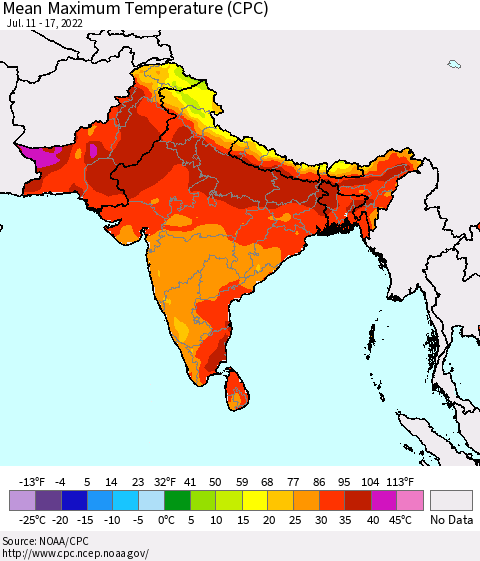 Southern Asia Mean Maximum Temperature (CPC) Thematic Map For 7/11/2022 - 7/17/2022
