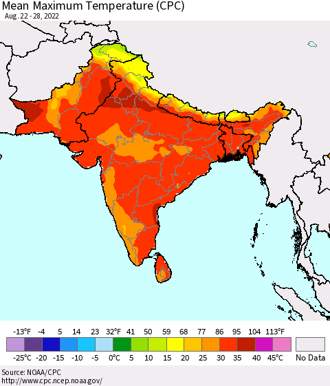 Southern Asia Mean Maximum Temperature (CPC) Thematic Map For 8/22/2022 - 8/28/2022