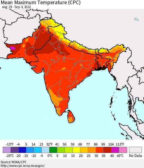 Southern Asia Mean Maximum Temperature (CPC) Thematic Map For 8/29/2022 - 9/4/2022