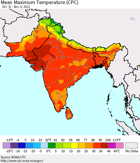 Southern Asia Mean Maximum Temperature (CPC) Thematic Map For 10/31/2022 - 11/6/2022