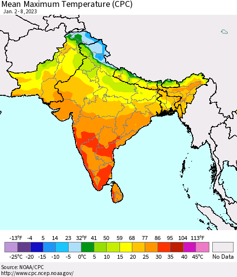 Southern Asia Mean Maximum Temperature (CPC) Thematic Map For 1/2/2023 - 1/8/2023