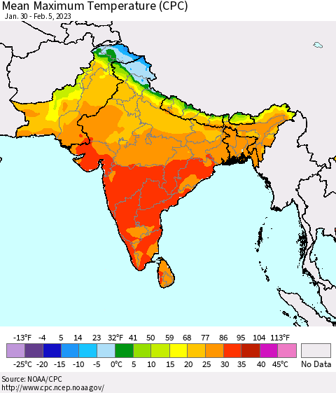 Southern Asia Mean Maximum Temperature (CPC) Thematic Map For 1/30/2023 - 2/5/2023