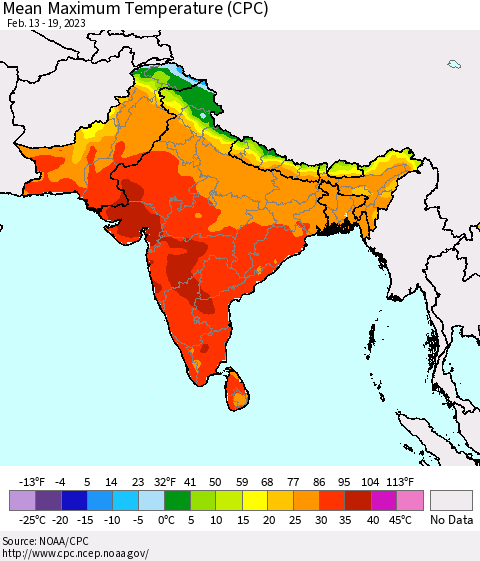 Southern Asia Mean Maximum Temperature (CPC) Thematic Map For 2/13/2023 - 2/19/2023