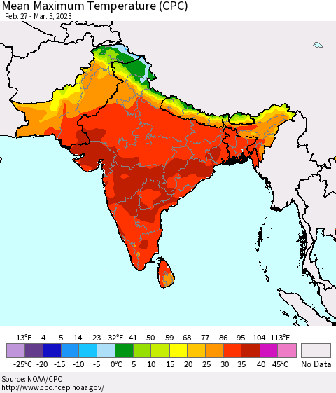 Southern Asia Mean Maximum Temperature (CPC) Thematic Map For 2/27/2023 - 3/5/2023