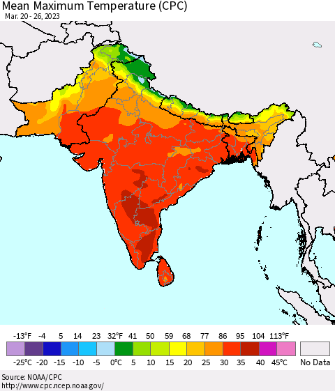 Southern Asia Mean Maximum Temperature (CPC) Thematic Map For 3/20/2023 - 3/26/2023