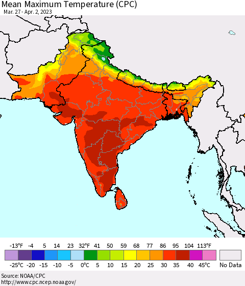 Southern Asia Mean Maximum Temperature (CPC) Thematic Map For 3/27/2023 - 4/2/2023