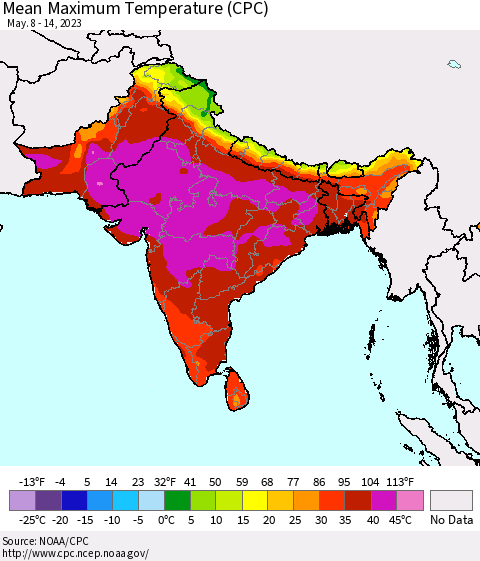 Southern Asia Mean Maximum Temperature (CPC) Thematic Map For 5/8/2023 - 5/14/2023