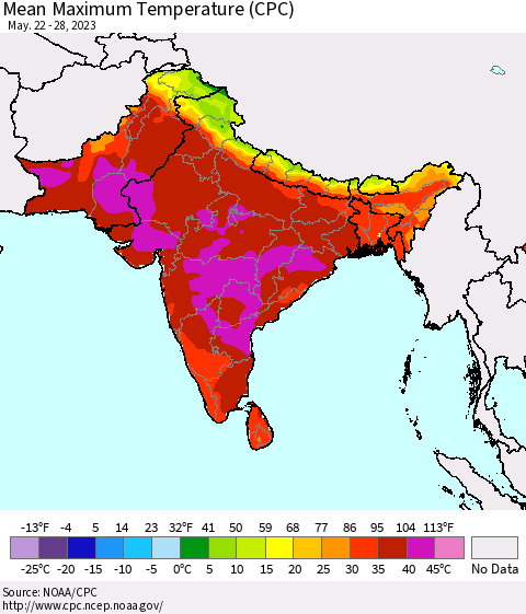 Southern Asia Mean Maximum Temperature (CPC) Thematic Map For 5/22/2023 - 5/28/2023
