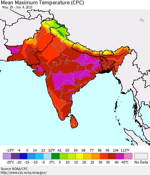 Southern Asia Mean Maximum Temperature (CPC) Thematic Map For 5/29/2023 - 6/4/2023