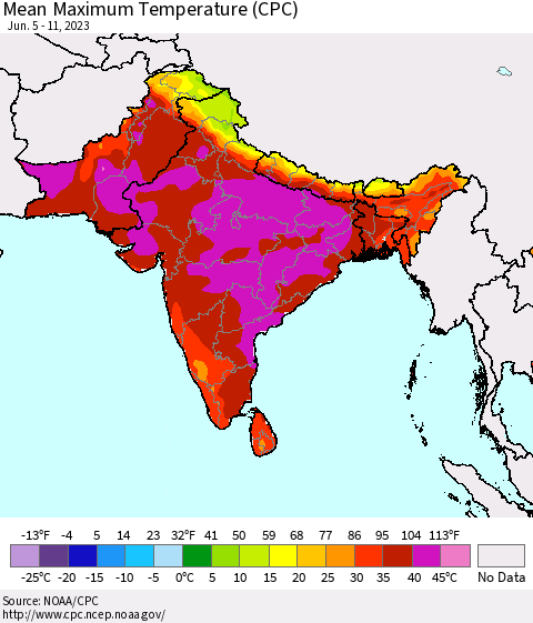 Southern Asia Mean Maximum Temperature (CPC) Thematic Map For 6/5/2023 - 6/11/2023