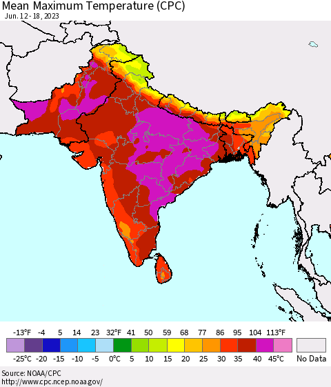 Southern Asia Mean Maximum Temperature (CPC) Thematic Map For 6/12/2023 - 6/18/2023