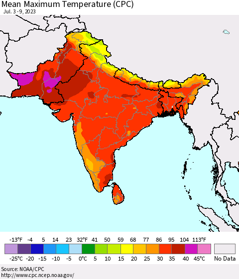 Southern Asia Mean Maximum Temperature (CPC) Thematic Map For 7/3/2023 - 7/9/2023