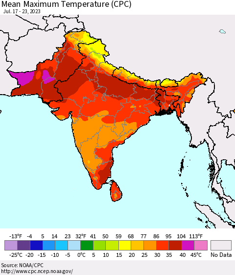 Southern Asia Mean Maximum Temperature (CPC) Thematic Map For 7/17/2023 - 7/23/2023