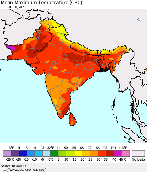 Southern Asia Mean Maximum Temperature (CPC) Thematic Map For 7/24/2023 - 7/30/2023