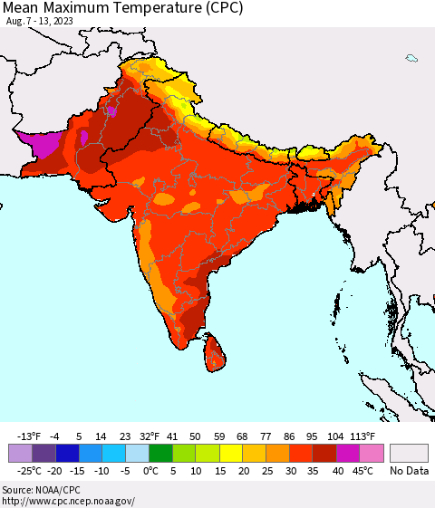 Southern Asia Mean Maximum Temperature (CPC) Thematic Map For 8/7/2023 - 8/13/2023