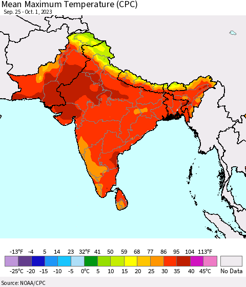 Southern Asia Mean Maximum Temperature (CPC) Thematic Map For 9/25/2023 - 10/1/2023