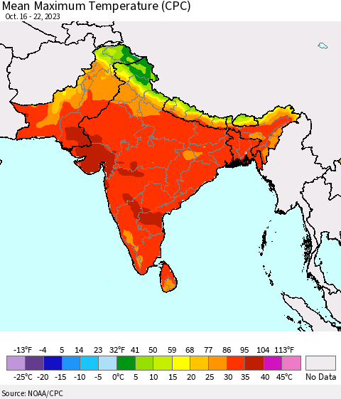 Southern Asia Mean Maximum Temperature (CPC) Thematic Map For 10/16/2023 - 10/22/2023
