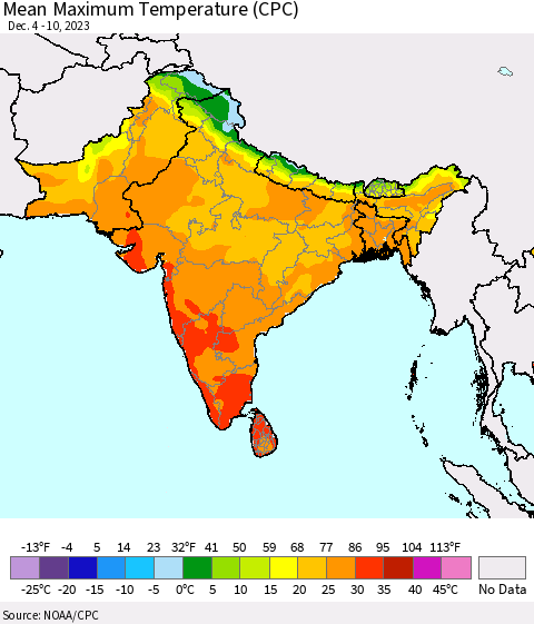 Southern Asia Mean Maximum Temperature (CPC) Thematic Map For 12/4/2023 - 12/10/2023