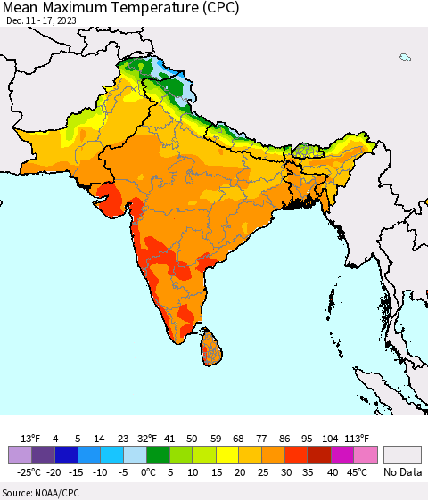 Southern Asia Mean Maximum Temperature (CPC) Thematic Map For 12/11/2023 - 12/17/2023