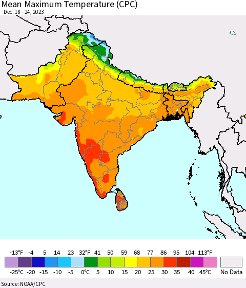 Southern Asia Mean Maximum Temperature (CPC) Thematic Map For 12/18/2023 - 12/24/2023