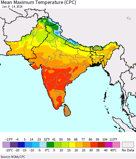 Southern Asia Mean Maximum Temperature (CPC) Thematic Map For 1/8/2024 - 1/14/2024