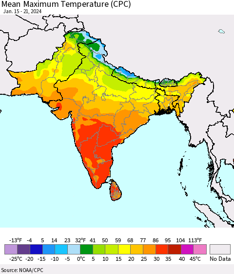 Southern Asia Mean Maximum Temperature (CPC) Thematic Map For 1/15/2024 - 1/21/2024