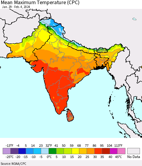 Southern Asia Mean Maximum Temperature (CPC) Thematic Map For 1/29/2024 - 2/4/2024
