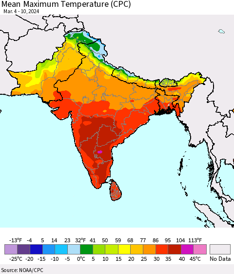 Southern Asia Mean Maximum Temperature (CPC) Thematic Map For 3/4/2024 - 3/10/2024