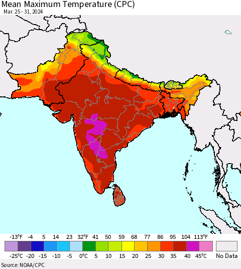 Southern Asia Mean Maximum Temperature (CPC) Thematic Map For 3/25/2024 - 3/31/2024
