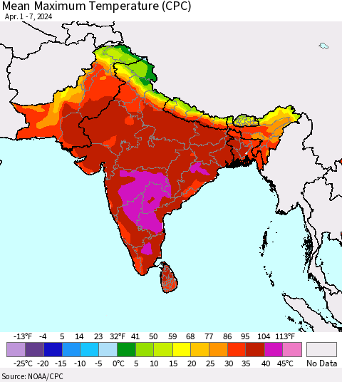 Southern Asia Mean Maximum Temperature (CPC) Thematic Map For 4/1/2024 - 4/7/2024