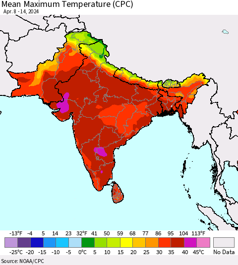 Southern Asia Mean Maximum Temperature (CPC) Thematic Map For 4/8/2024 - 4/14/2024