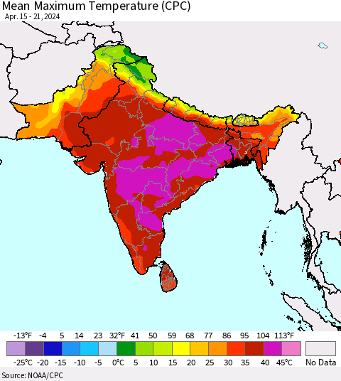 Southern Asia Mean Maximum Temperature (CPC) Thematic Map For 4/15/2024 - 4/21/2024