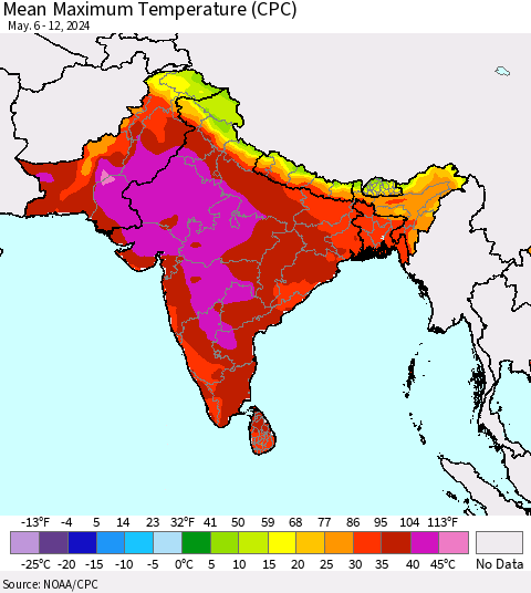 Southern Asia Mean Maximum Temperature (CPC) Thematic Map For 5/6/2024 - 5/12/2024