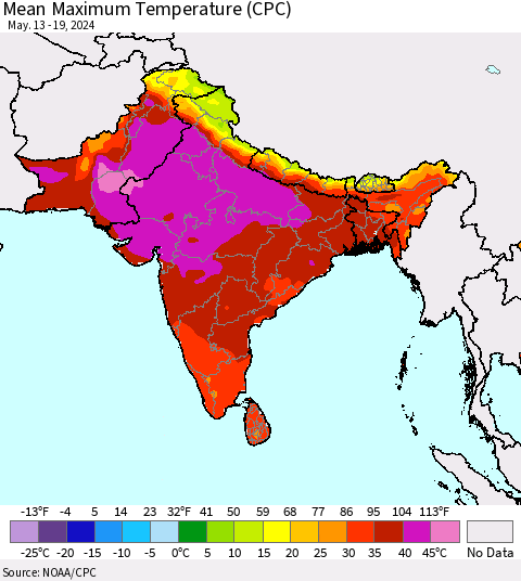 Southern Asia Mean Maximum Temperature (CPC) Thematic Map For 5/13/2024 - 5/19/2024
