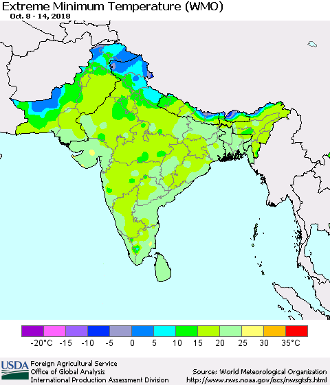 Southern Asia Minimum Daily Temperature (WMO) Thematic Map For 10/8/2018 - 10/14/2018