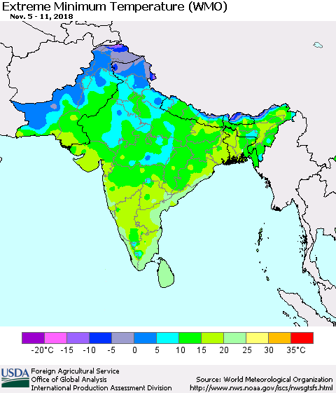 Southern Asia Minimum Daily Temperature (WMO) Thematic Map For 11/5/2018 - 11/11/2018