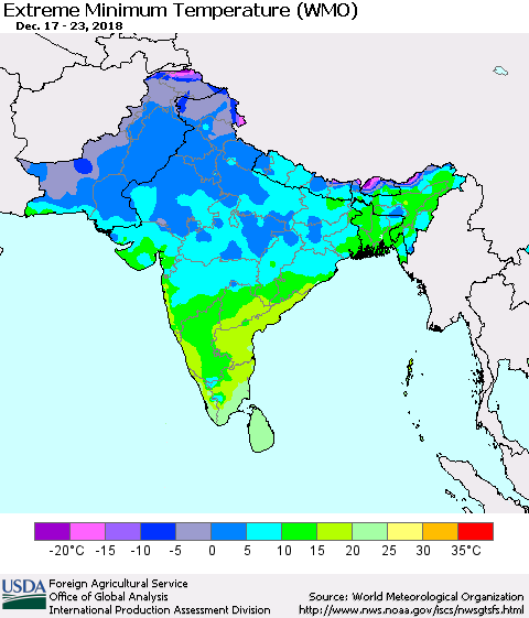 Southern Asia Minimum Daily Temperature (WMO) Thematic Map For 12/17/2018 - 12/23/2018