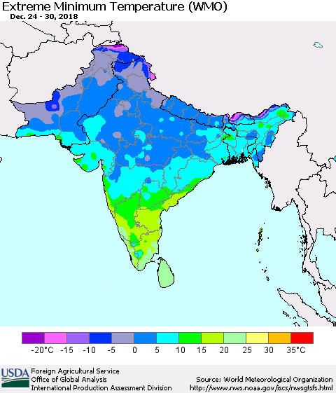 Southern Asia Minimum Daily Temperature (WMO) Thematic Map For 12/24/2018 - 12/30/2018