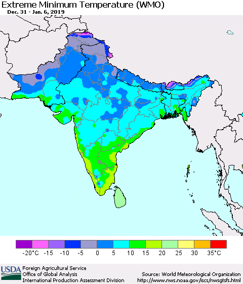 Southern Asia Minimum Daily Temperature (WMO) Thematic Map For 12/31/2018 - 1/6/2019