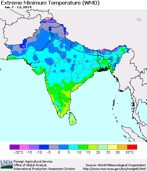 Southern Asia Minimum Daily Temperature (WMO) Thematic Map For 1/7/2019 - 1/13/2019