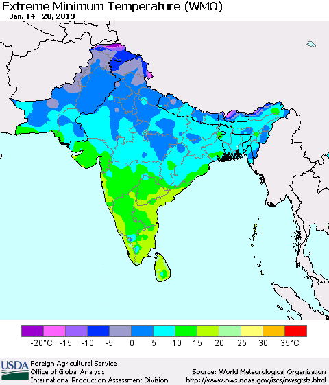 Southern Asia Minimum Daily Temperature (WMO) Thematic Map For 1/14/2019 - 1/20/2019