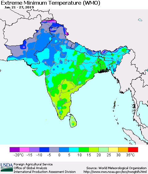 Southern Asia Minimum Daily Temperature (WMO) Thematic Map For 1/21/2019 - 1/27/2019