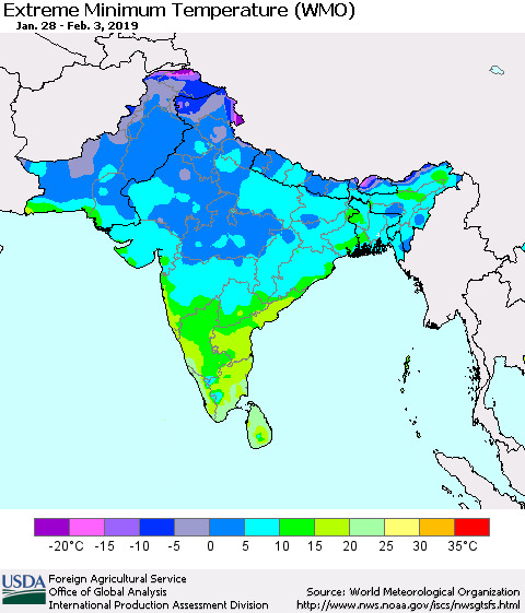 Southern Asia Minimum Daily Temperature (WMO) Thematic Map For 1/28/2019 - 2/3/2019