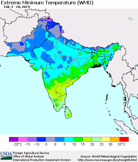 Southern Asia Minimum Daily Temperature (WMO) Thematic Map For 2/4/2019 - 2/10/2019