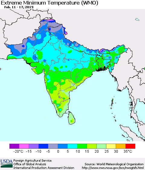 Southern Asia Minimum Daily Temperature (WMO) Thematic Map For 2/11/2019 - 2/17/2019