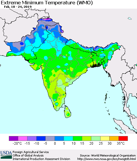 Southern Asia Minimum Daily Temperature (WMO) Thematic Map For 2/18/2019 - 2/24/2019