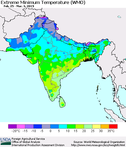 Southern Asia Minimum Daily Temperature (WMO) Thematic Map For 2/25/2019 - 3/3/2019