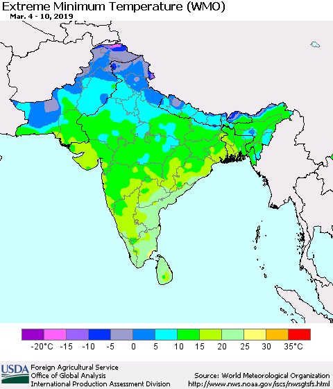 Southern Asia Minimum Daily Temperature (WMO) Thematic Map For 3/4/2019 - 3/10/2019