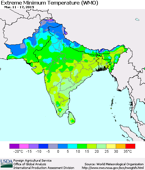Southern Asia Minimum Daily Temperature (WMO) Thematic Map For 3/11/2019 - 3/17/2019