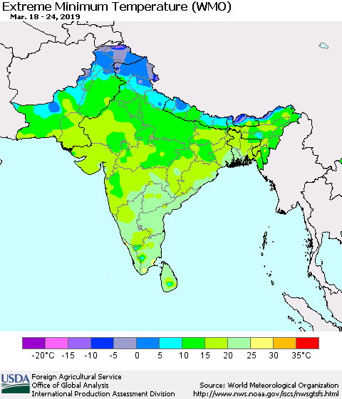 Southern Asia Minimum Daily Temperature (WMO) Thematic Map For 3/18/2019 - 3/24/2019